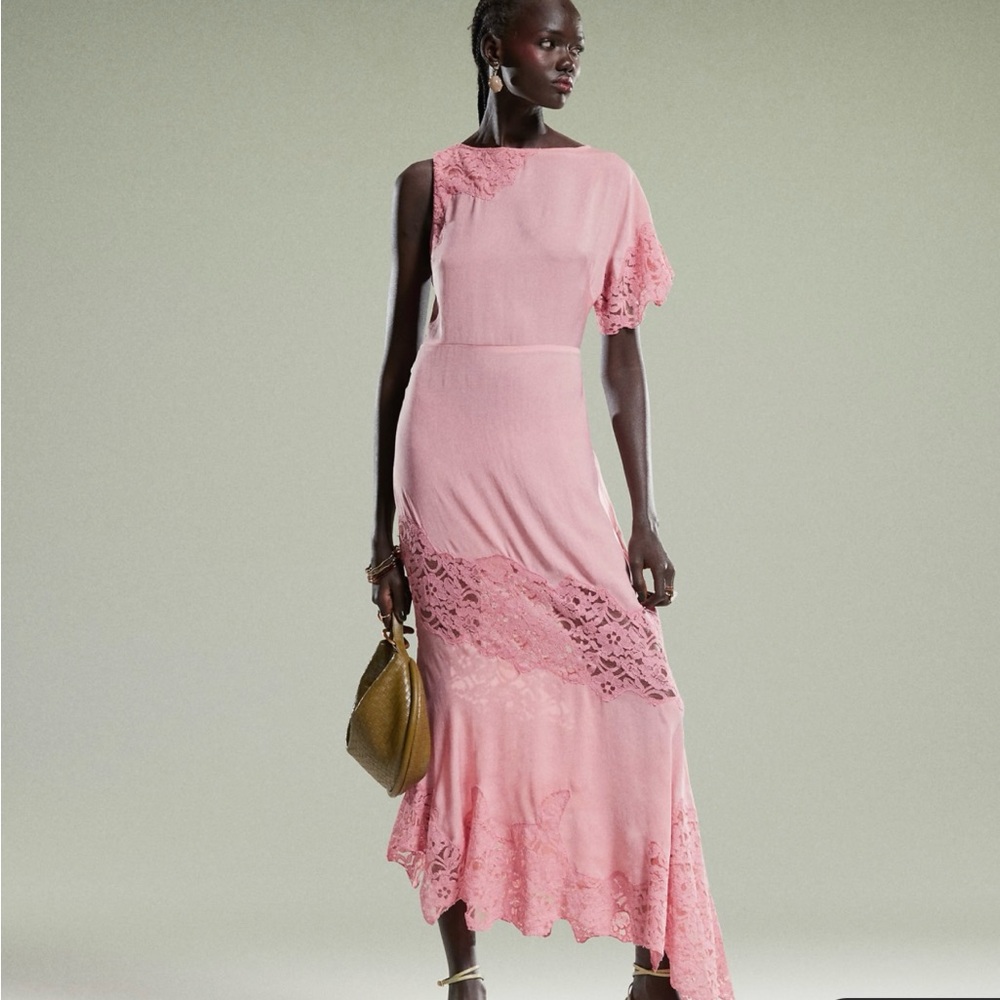ASOS DESIGN flutter sleeve midi dress with lace detail in pink